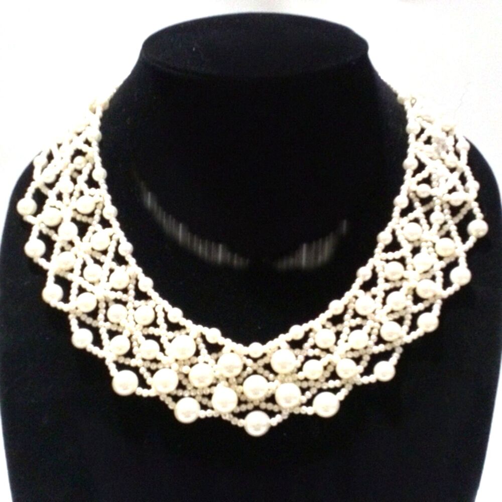 Vintage White Faux Pearl Woven Choker Collar Style Beaded Necklace